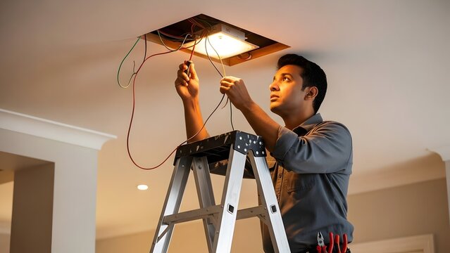 Skilled Asian Man on Ladder Expertly Installing New Ceiling Light Fixture During Home Renovation Project. Focused Handyman Performing Electrical Wiring Task 