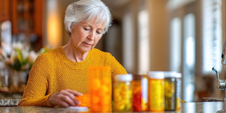 Older woman organizing medication at home in a bright kitchen setting during the afternoon - Powered by Adobe