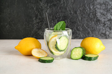 Glass of lemonade with cucumber and mint on white table