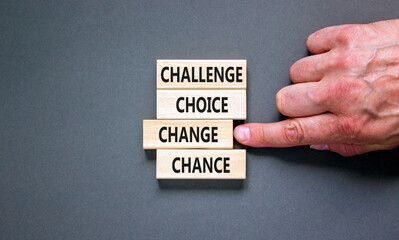 Challenge choice change chance symbol. Concept words Challenge choice change chance on beautiful wooden blocks. Beautiful grey background. Business Challenge choice change chance concept. Copy space.