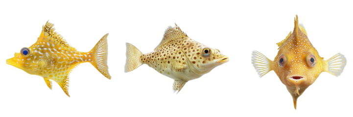 Three unique fish of various shapes and colors, creating a delightful underwater scene