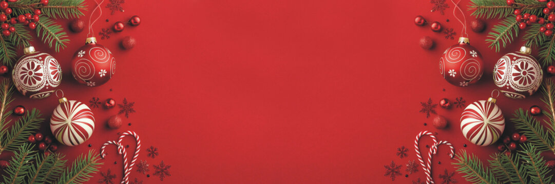 Festive Christmas ornaments and candy canes on red background create a joyful holiday atmosphere perfect for seasonal greetings and advertising campaigns - Powered by Adobe