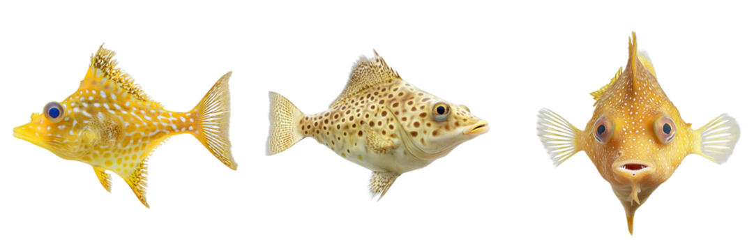 Three unique fish of various shapes and colors, creating a delightful underwater scene