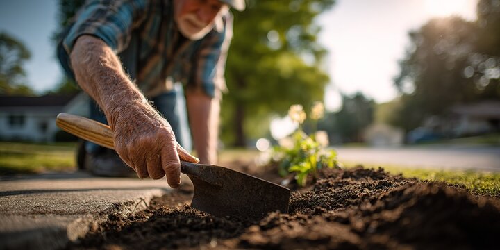 Elderly man planting flowers in a garden during golden hour in a suburban neighborhood - Powered by Adobe