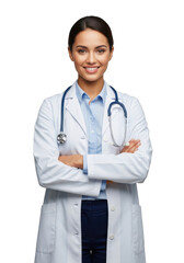 Fototapeta premium A confident female medical professional wearing a white lab coat and stethoscope smiling with arms crossed isolated on transparent background