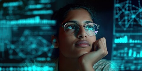 Focus on data analysis while exploring innovative technology in a dark room setting during an evening work session