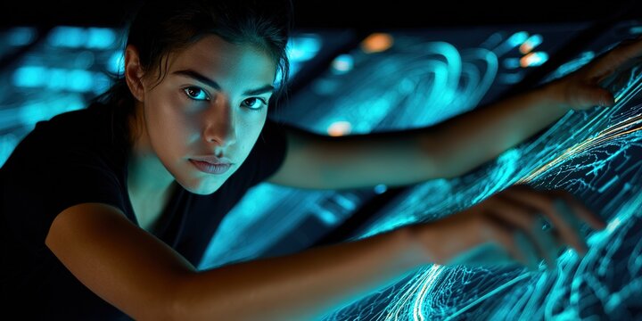 Young woman interacting with glowing digital display in a dark environment at night
