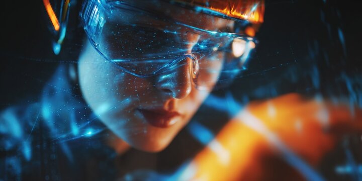 Technician focused on digital technology in a high-tech environment during nighttime hours