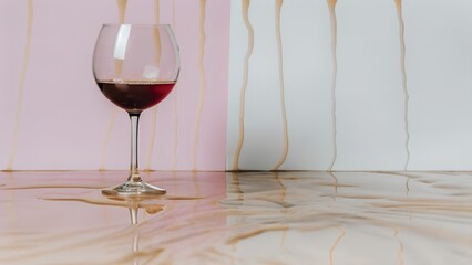 Tall stemmed wine glass filled with deep red liquid on white marble counter. Dripping wine trails down exterior in crimson streaks. Elegant glassware captures reflections on polished surface.