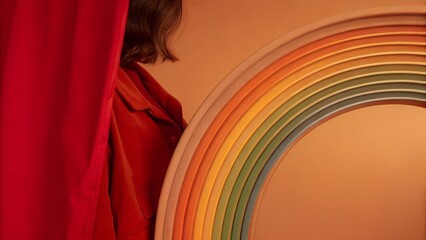 Red curtain with rainbow arc. Draped red fabric curtain framing circular rainbow color wheel on orange backdrop. Woman with dark hair in red jacket.