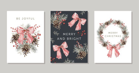 Plakat Christmas greeting cards template, text, white, black background. Pine cones, twigs, red berries, bows, wreath. Vector xmas illustration collection. Winter forest nature decor