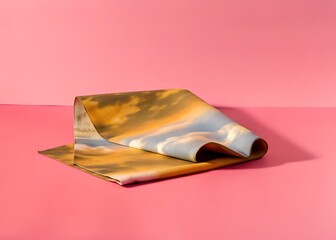 Folded golden orange fabric napkin resting flat on vibrant pink backdrop. Soft folds reveal gradient textures from deep amber to light peach. Smooth satin sheen captures light reflections in warm hues