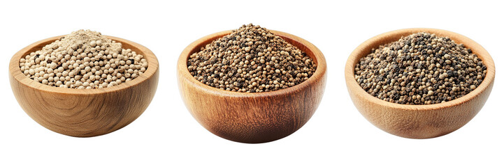 Variety of peppercorns in wooden bowls. The image showcases three different types of peppercorns