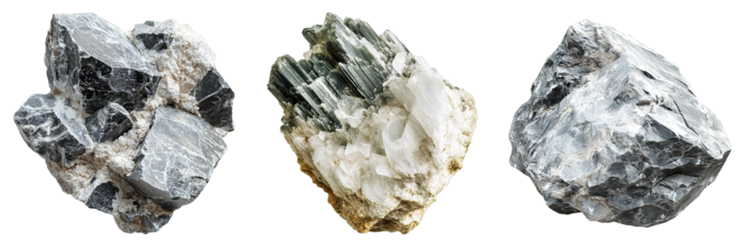 Close-up of three mineral specimens displaying natural textures and crystal formations