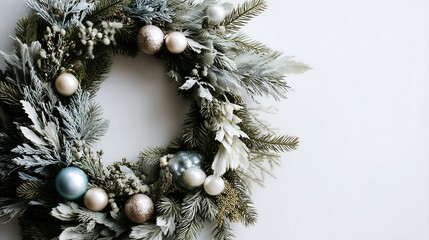 Elegant holiday wreath with silver ornaments and frosted pine branches for winter decor