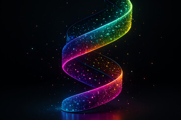 Spiral neon rainbow glitter ribbon forming a glowing abstract light trail on dark background