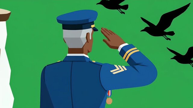 Uniformed Officer Saluting From Coastal Cliff With Flying Seabirds.