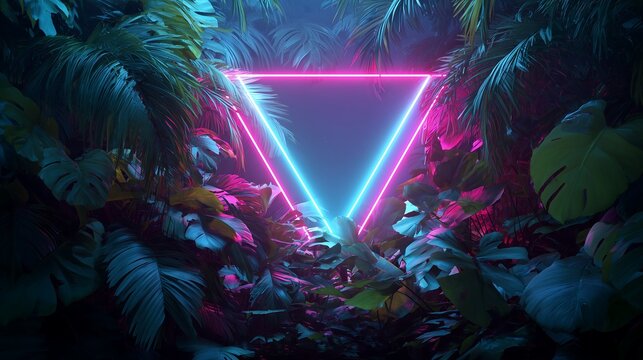 Vibrant neon triangle glows among lush tropical foliage for a modern presentation