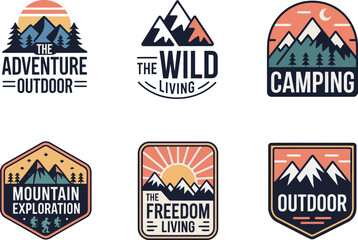 A collection of six vintage outdoor adventure emblems with mountain, forest, and sunset illustrations in a flat vector style