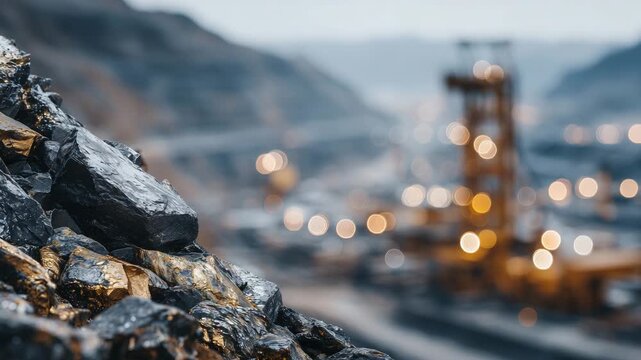 154Close-up composition of critical metallic minerals with reflective textures, mining shafts and industrial structures softly blurred behind, copy space for text overlay