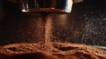 Fresh espresso grounds falling in a dynamic coffee machine, ready for brewing