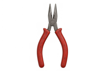 Needle nose pliers with red handles, a common hand tool used for gripping and bending small objects, transparent background