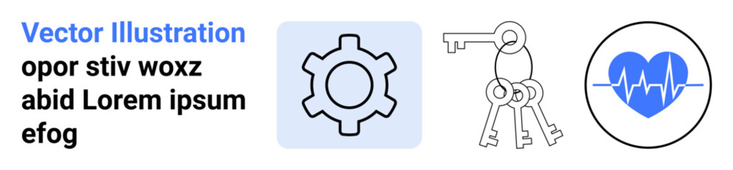Gear indicating work or settings, keys symbolizing security, and heartbeat representing health monitoring. Ideal for technology, security, healthcare, teamwork, innovation, productivity simple