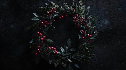 Gorgeous Christmas wreath with red berries for seasonal holiday greetings design