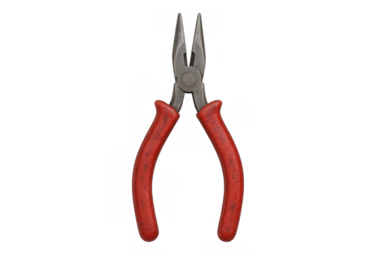 Needle nose pliers with red handles, a common hand tool used for gripping and bending small objects, transparent background