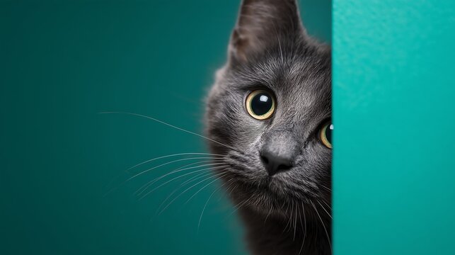 Curious grey cat peeking around teal corner with bright, inquisitive yellow eyes - Powered by Adobe