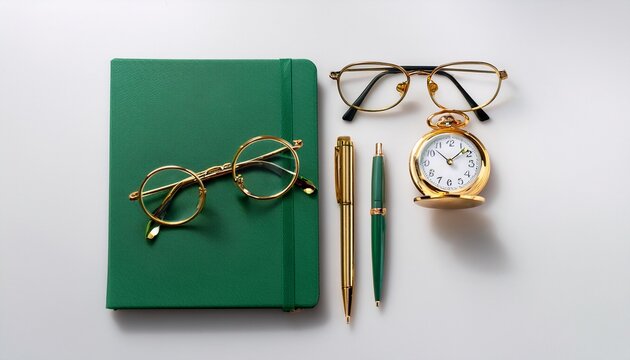 elegant gold glasses a green notebook a matching pen and a green clock arranged neatly on a white surface