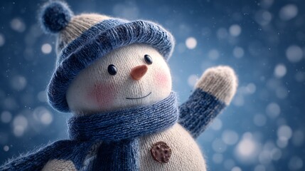 Adorable snowman waving hello in a winter wonderland with falling snowflakes