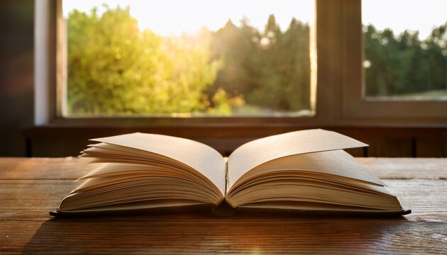 an open book with blank pages sits on a wooden table bathed in natural sunlight from a window in the background