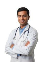 Fototapeta premium A confident male medical professional wearing a white lab coat and stethoscope with arms crossed presented isolated on transparent background