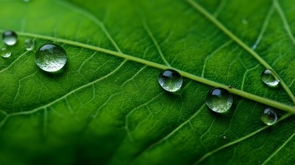 Stunning water droplets cling to vivid green leaf creating a fresh, clean scene
