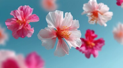 Vibrant pink and white hibiscus flowers against a clear blue sky