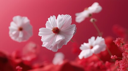 Close-up of delicate pink flowers on vibrant red background