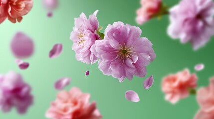 Obraz premium Pink cherry blossoms floating on a soft green background