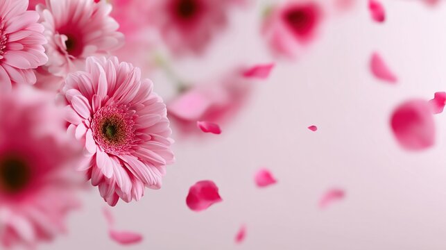 Pink gerbera daisies with falling petals on soft pink background