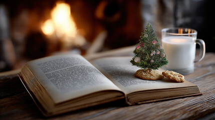 Cozy christmas scene with open book, mini tree, milk, and cookies by fireplace