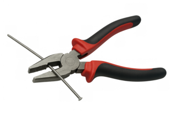 Pliers gripping a metal nail, essential tool for repair, construction, and diy projects, transparent background