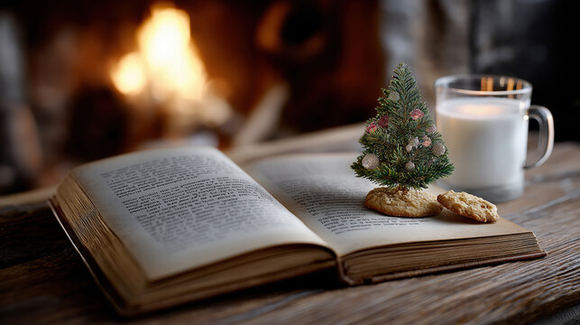 Cozy christmas scene with open book, mini tree, milk, and cookies by fireplace