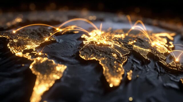 168Macro perspective of rare earth mineral dust forming a textured world map, glowing lines and arrows showing international shipping and trade flows
