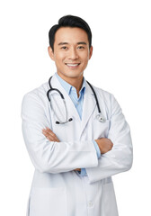 Fototapeta premium Smiling asian male physician wearing a white lab coat and stethoscope with arms crossed isolated on transparent background