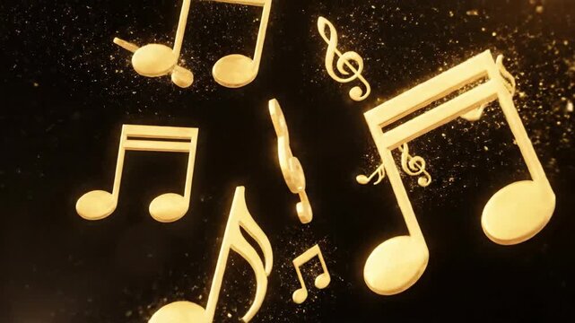 Abstract golden musical notes floating on a black background
