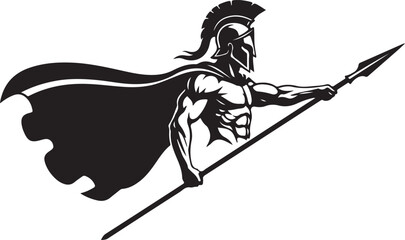A powerful spartan warrior mascot or emblem, depicted in a bold black silhouette, proudly holding a spear on a white background.
