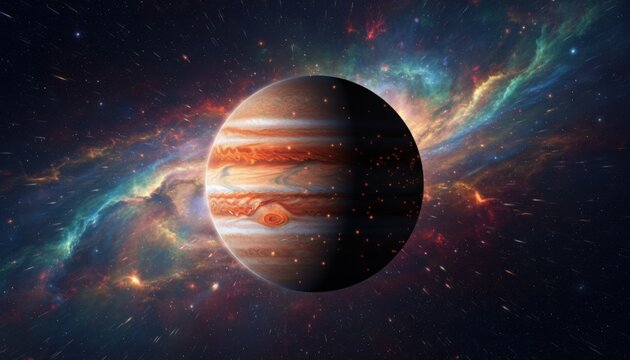 giant planet resembling jupiter against colorful nebula expressing fascination with astronomy and cosmic wonder - Powered by Adobe