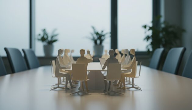 A symbolic scene of paper figure meeting in a modern office during a neutral season evoking teamwork and corporate culture