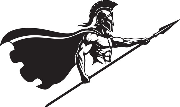A powerful spartan warrior mascot or emblem, depicted in a bold black silhouette, proudly holding a spear on a white background.