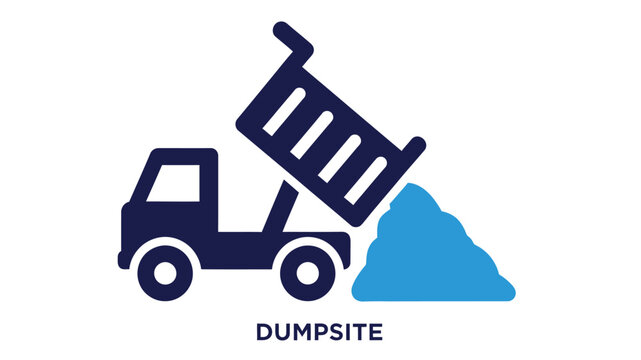 Blue dump truck icon unloading a pile of material at a dumpsite location